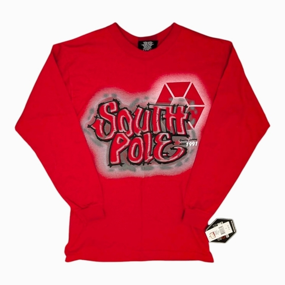 Deadstock Vintage 90s South Pole Long Sleeve T-Shirt Red Graffiti Small NWT